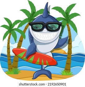 Cartoon shark holding surf board illustration