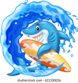 Cartoon shark holding surfboard in the ocean