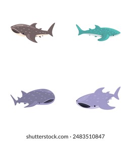 Cartoon shark icons set cartoon vector. Cute cartoon whale shark. Large underwater animal