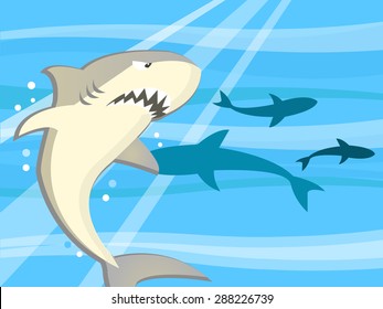 Cartoon shark infested underwater vector illustration.