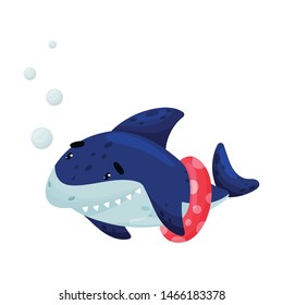 Cartoon shark with an inflatable circle. Vector illustration on white background.