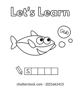 Cartoon shark learning game for small children - color and write the word. Vector coloring book pages for kids