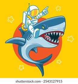 A cartoon of a shark with a man in a spacesuit riding on top of it. The shark has a menacing look on its face