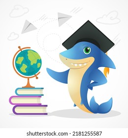 Cartoon Shark Mascot In Graduate Hat Standing Near Books And Globe. Student Fish Saying Hi To Children. Back To School