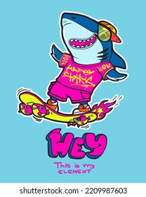 Cartoon shark on skateboard illustration. Skater teenager character. 