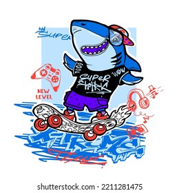 Cartoon shark on skateboard illustration with text Extreme, new level, super, sign silhouette of gamepad, headphones, notes. Teenager sharks poster.