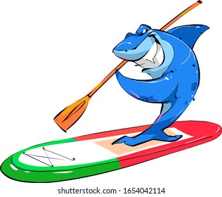 A cartoon shark with a paddle is traveling on a SUP Board