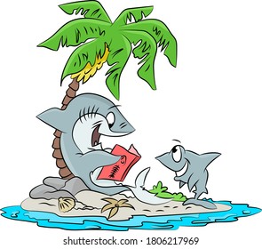 Cartoon shark reading a book to his son vector illustration
