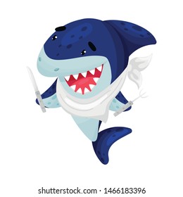 Cartoon shark ready for dinner. Vector illustration on white background.