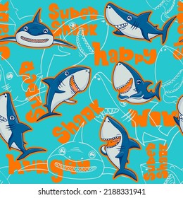 Cartoon Shark repeat pattern in blue and orange lettering background. repeated print with Sea predator seamless ornament.