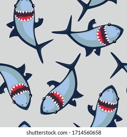 Cartoon Shark repeat pattern. Wildlife ocean predator seamless print.