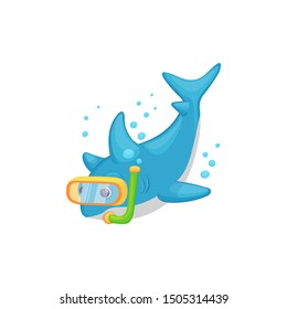 Cartoon shark scuba diving underwater - isolated sea animal swimming in the ocean with diver snorkel mask, glasses and tube blowing bubbles, cute vector illustration
