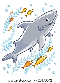 Cartoon shark in the sea surrounded by little fish. Vector illustration in cartoon style for summer sea theme.