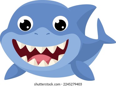 Cartoon shark with sharp teeth. Happy wide open mouth animal