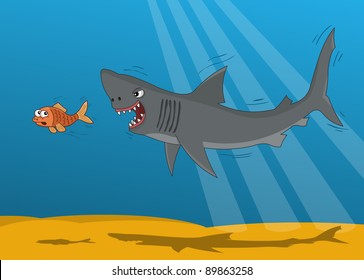 Cartoon shark and small gold fish