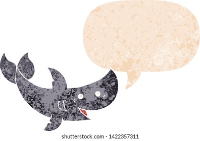 cartoon shark with speech bubble in grunge distressed retro textured style