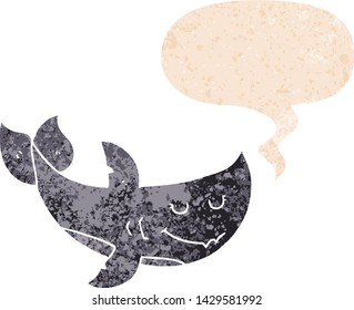 cartoon shark with speech bubble in grunge distressed retro textured style