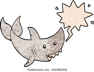 cartoon shark with speech bubble in retro texture style