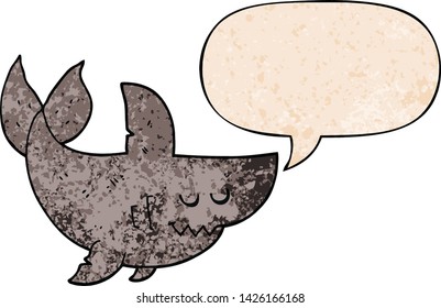 cartoon shark with speech bubble in retro texture style