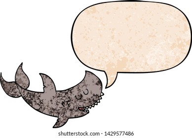 cartoon shark with speech bubble in retro texture style