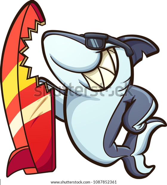 Cartoon Shark Sunglasses Bitten Surfboard Vector Stock Vector
