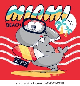 Cartoon shark surfer at miami beach isolated on red background illustration vector, print for children wear.
