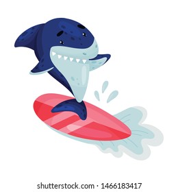 Cartoon shark surfer. Vector illustration on white background.