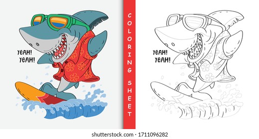 Cartoon shark surfing, Coloring sheet for stay home activity