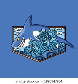 Cartoon shark surfing the waves illustration logo mascot, this picture tells about a shark surfing the waves, this picture is suitable for logo, t-shirt design and sticker