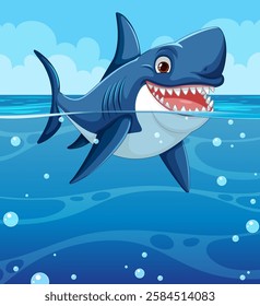 Cartoon shark swimming happily in the sea