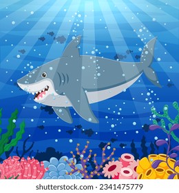 Cartoon shark swimming in the ocean. Vector illustration