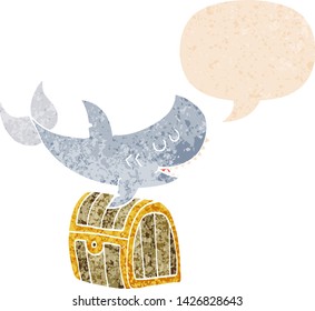 cartoon shark swimming over treasure chest with speech bubble in grunge distressed retro textured style
