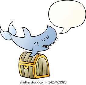 cartoon shark swimming over treasure chest with speech bubble in smooth gradient style
