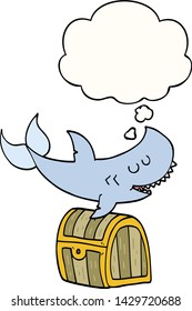 cartoon shark swimming over treasure chest with thought bubble
