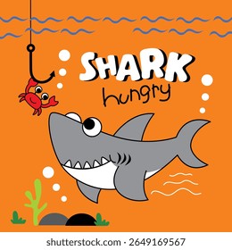 Cartoon shark swimming underwater staring at red crab on fishing hook with bubbles and seaweed. Marine animal concept
