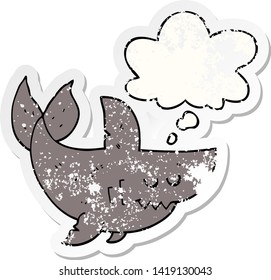 tiburón caricaturista con burbuja de pensamiento como pegatina gastada angustiada