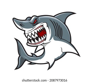 Mascota vectorial del tiburón de dibujos animados. Sonrisa y dientes aterradores enojados. Gran personaje de tiburón blanco, animal marino y oceánico o monstruo marino submarino con cara malvada, atavío deportivo y mascota aislada del equipo