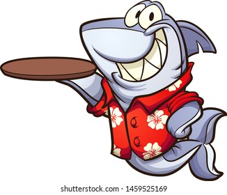 Cartoon shark wearing a Hawaiian shirt and holding an empty plate clip art. Vector illustration with simple gradients. Shark and plate on separate layers. 
