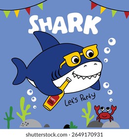 Cartoon shark wearing sunglasses holding party drink bottle underwater with crab and festive bunting. Celebration fun concept
