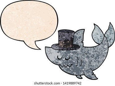 cartoon shark wearing top hat with speech bubble in retro texture style