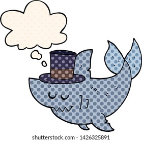 cartoon shark wearing top hat with thought bubble in comic book style