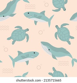 Cartoon shark, whale and turtle seamless pattern. Funny animals. Kids marine print. Hand drawn underwater world. Ocean.