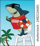 A cartoon shark works ad a life guard.