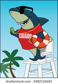 A cartoon shark works ad a life guard.