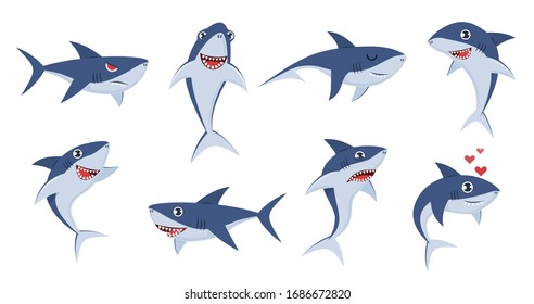 Cartoon sharks. Comic shark animals, cute character emotions, scary jaws and underwater ocean fish cheerful mascot for kids vector wildlife set