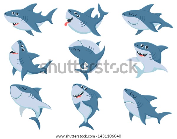 漫画のサメ コミックサメの動物 怖いあご 海で泳ぐ怒ったサメ 海洋捕食魚のマスコットや大海のサメのキャラクター ベクターイラストのアイコンセット の ベクター画像素材 ロイヤリティフリー