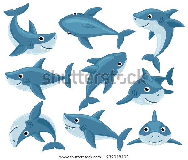 Cartoon sharks. Cute underwater shark animals, toothy\
fish mascot, ocean fauna character. Sharks creatures mascots vector\
illustration set