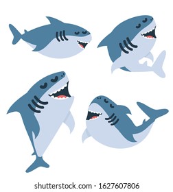 Cartoon sharks  in different actions set