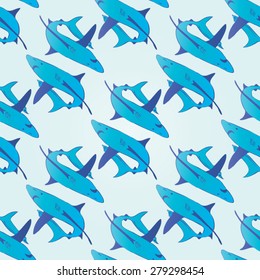 Cartoon sharks and fishes. Vector seamless pattern.