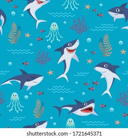 Cartoon sharks pattern. Seamless background with cute marine fishes, smiling shark characters and sea underwater world vector nautical wallpaper